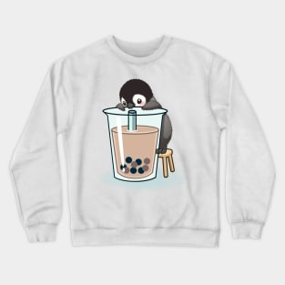 Happy emperor penguin chick with bubble tea Crewneck Sweatshirt